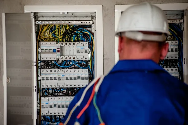 Homme se tenant face à un tableau électrique